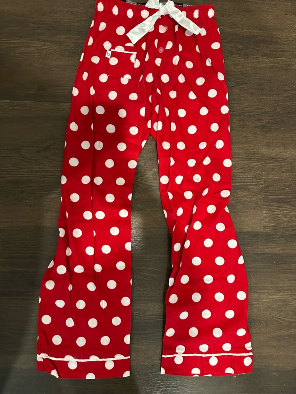 boxercraft Red and White Polka Dot Pajama Pants with white satin bow.
